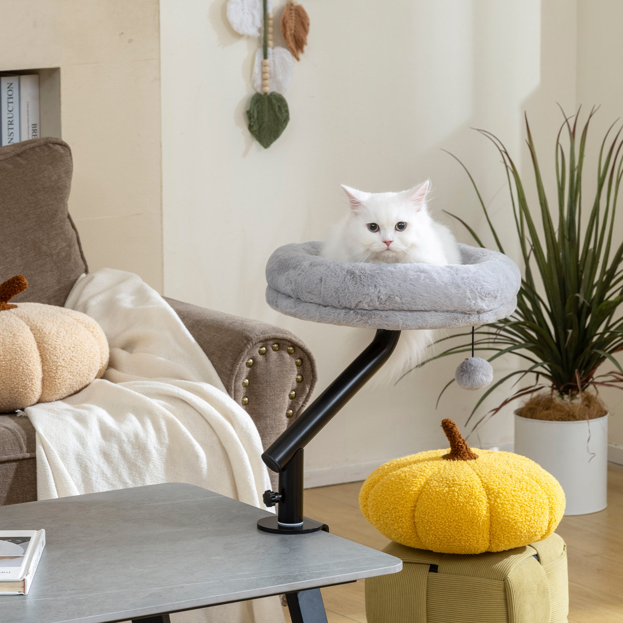 Lit de Bureau pour Chat Rotation de 360° et Hauteur Réglable, Lit pour Chat Lavable avec Balle Jouet,  35x35x48cm, Gris