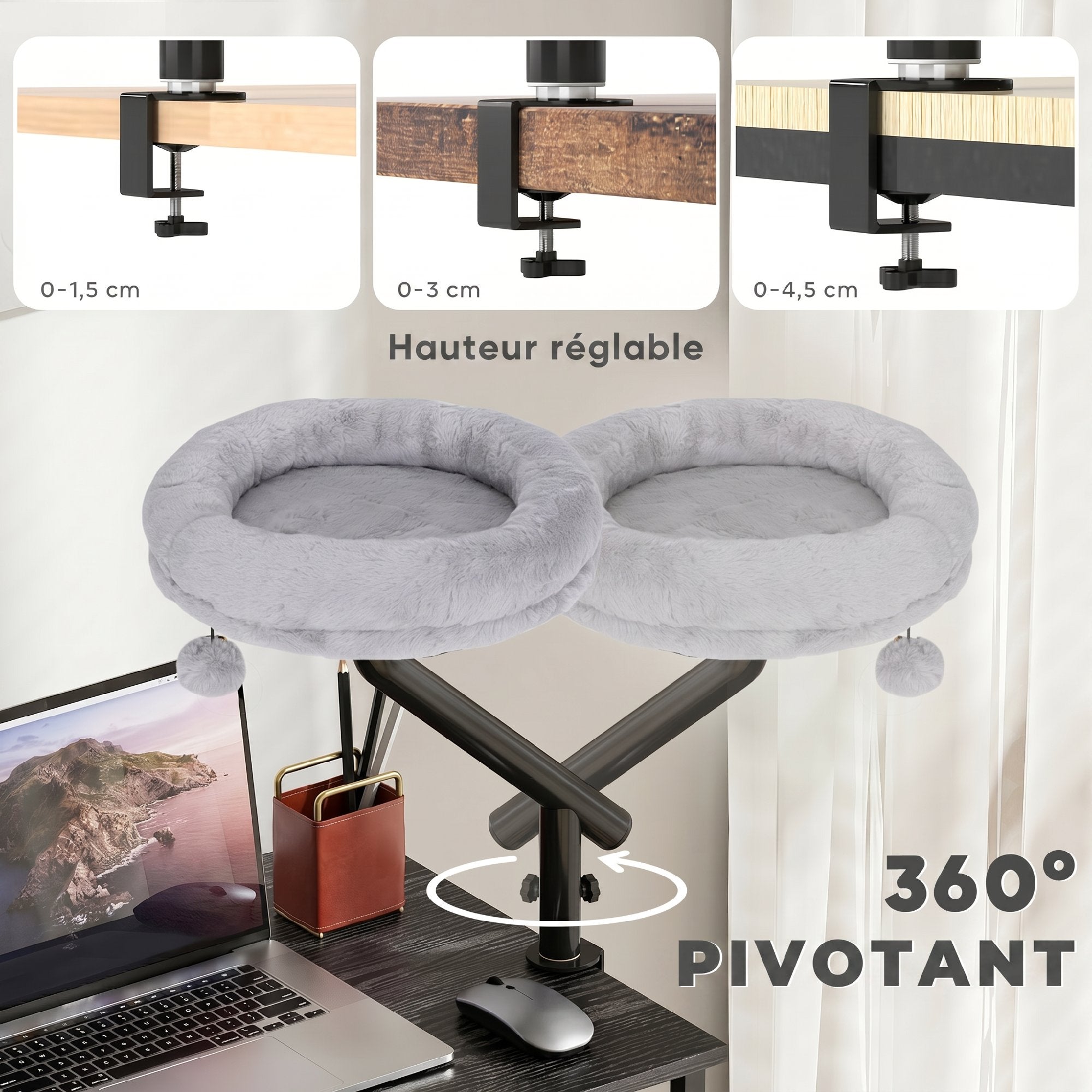 Lit de Bureau pour Chat Rotation de 360° et Hauteur Réglable, Lit pour Chat Lavable avec Balle Jouet,  35x35x48cm, Gris