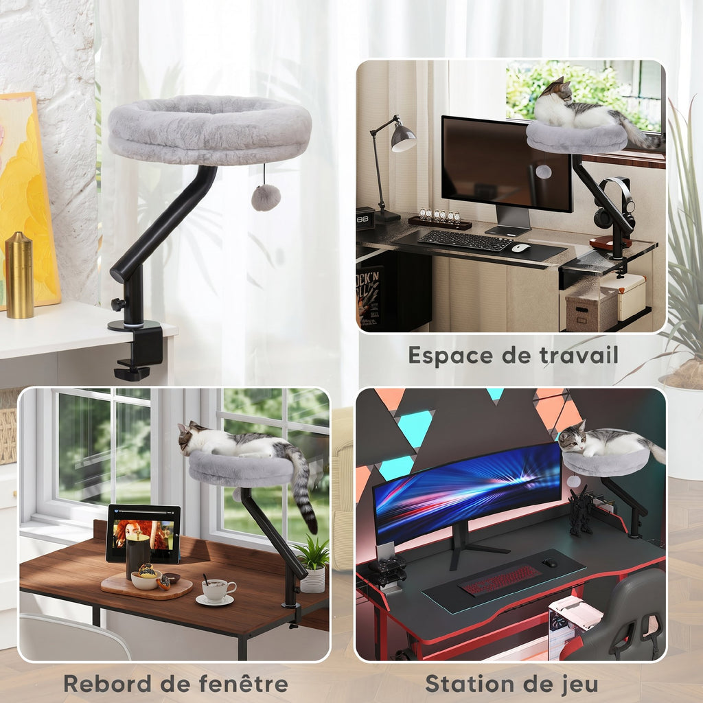 Lit de Bureau pour Chat Rotation de 360° et Hauteur Réglable, Lit pour Chat Lavable avec Balle Jouet,  35x35x48cm, Gris