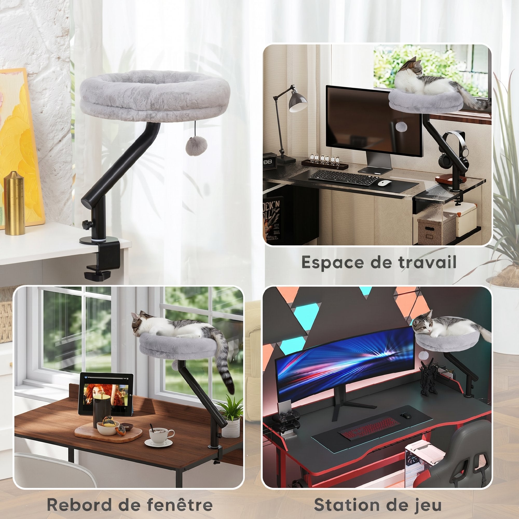 Lit de Bureau pour Chat Rotation de 360° et Hauteur Réglable, Lit pour Chat Lavable avec Balle Jouet,  35x35x48cm, Gris