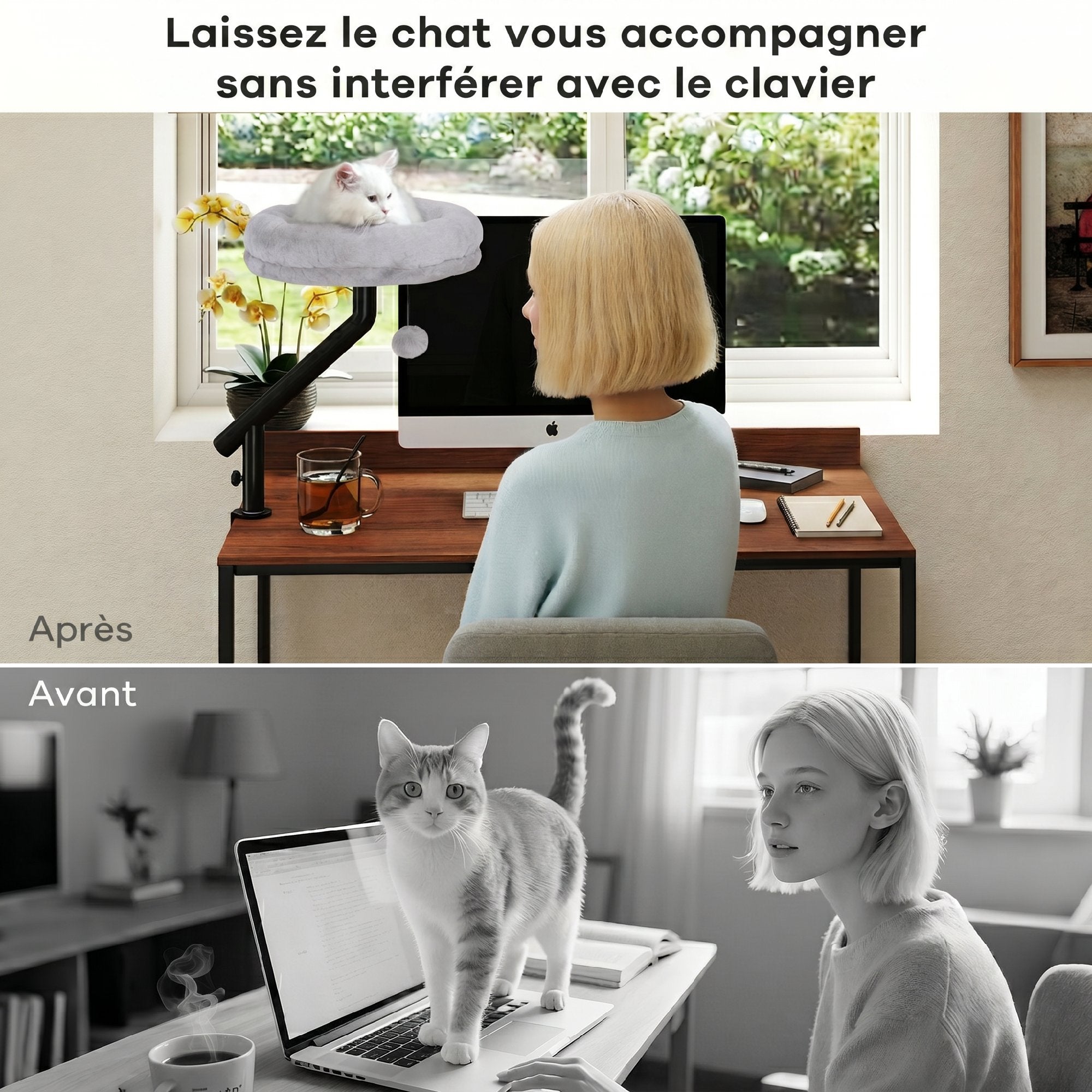Lit de Bureau pour Chat Rotation de 360° et Hauteur Réglable, Lit pour Chat Lavable avec Balle Jouet,  35x35x48cm, Gris