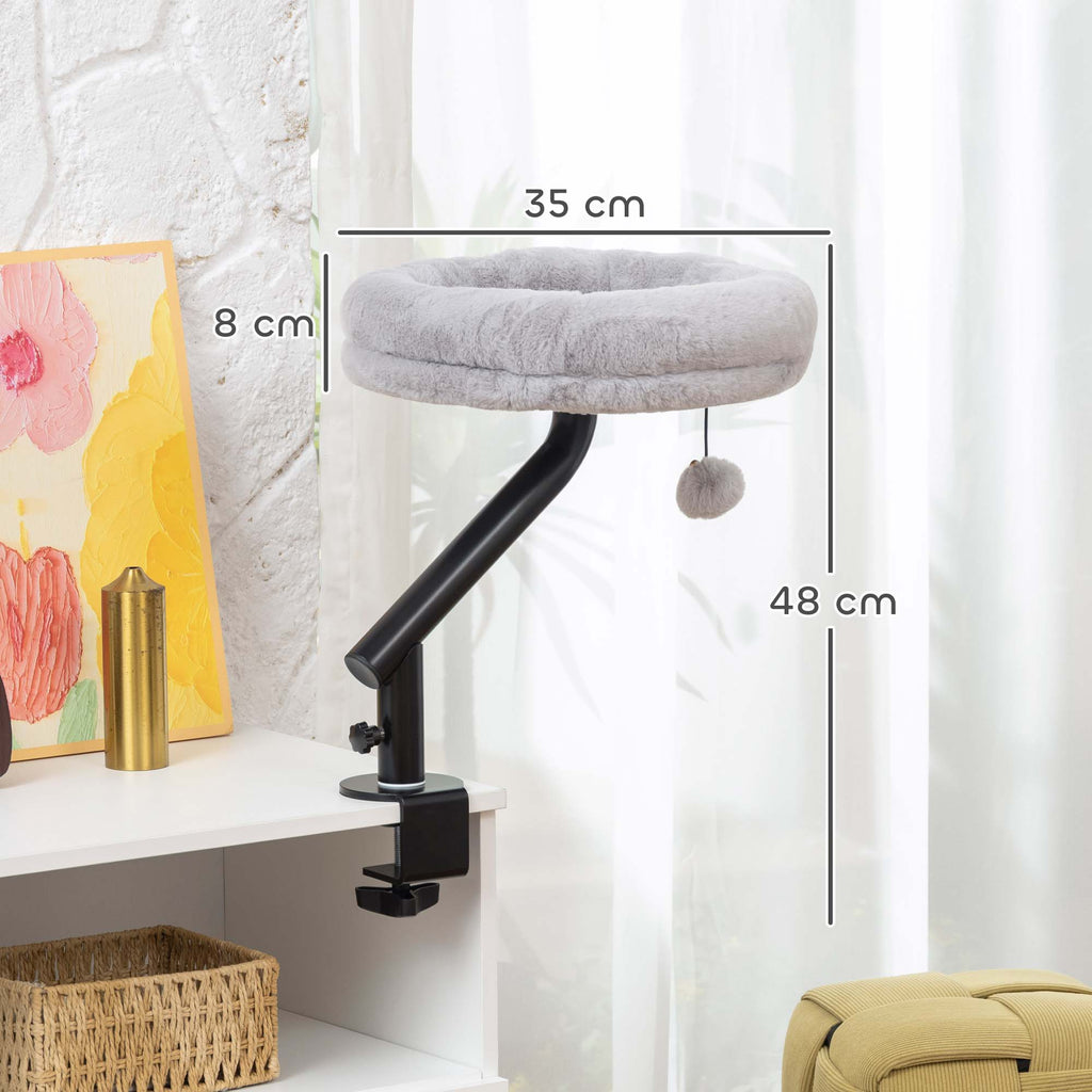 Lit de Bureau pour Chat Rotation de 360° et Hauteur Réglable, Lit pour Chat Lavable avec Balle Jouet,  35x35x48cm, Gris