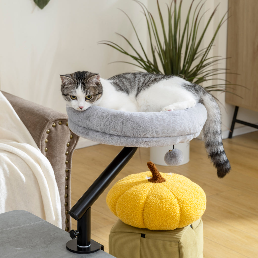 Lit de Bureau pour Chat Rotation de 360° et Hauteur Réglable, Lit pour Chat Lavable avec Balle Jouet,  35x35x48cm, Gris